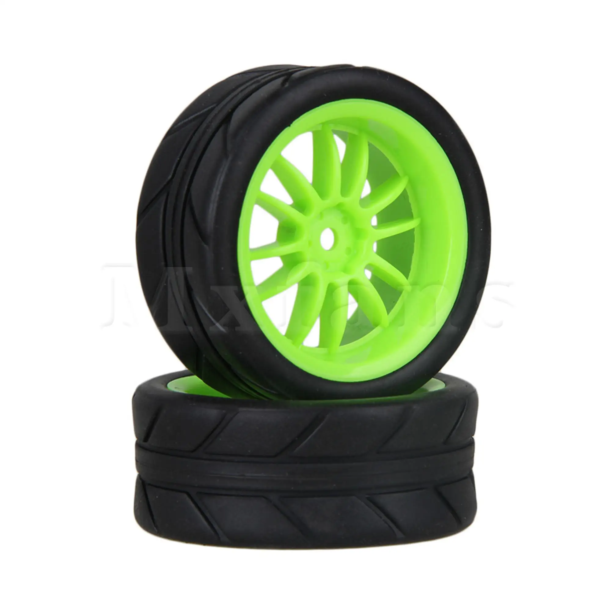 Mxfans 4pcs  Rubber Tire & Green Plastic12-Spoke Wheel Rim for RC1:10 On Road Car