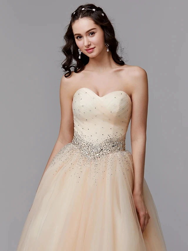 Luxuriöses Champagner Quince anera Kleid Schatz Kristalle Perle Abschluss ball Party Prinzessin süß 16 Ballkleid Vestidos de 15 Años