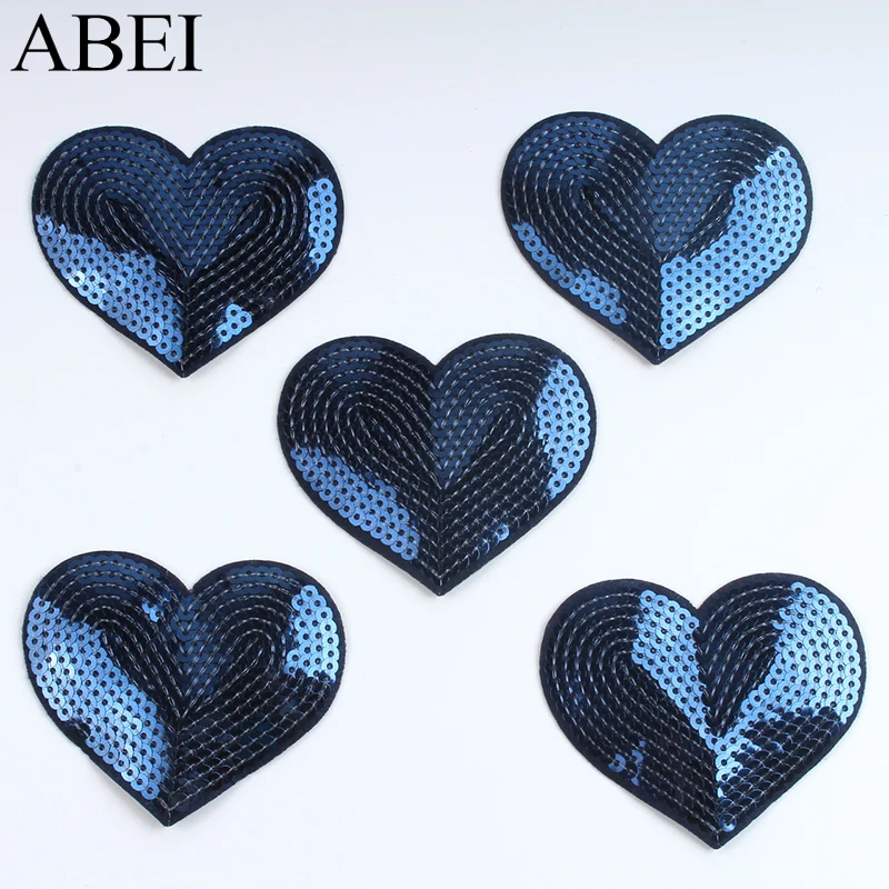 10pcs Embroidered Royal Blue Patches Iron On Sequined Heart Patch Glittle Fabric Appliques For Jeans Backpack Shoes Coats Pants