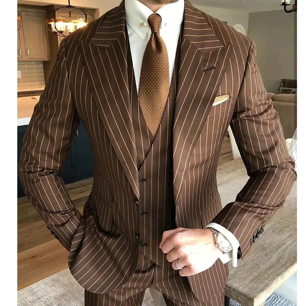 Classic Man Stripes Business Suits 3 Pieces Formal Party Single Breasted Prom Blazer Customized Tuxedo Terno Masculinos Completo