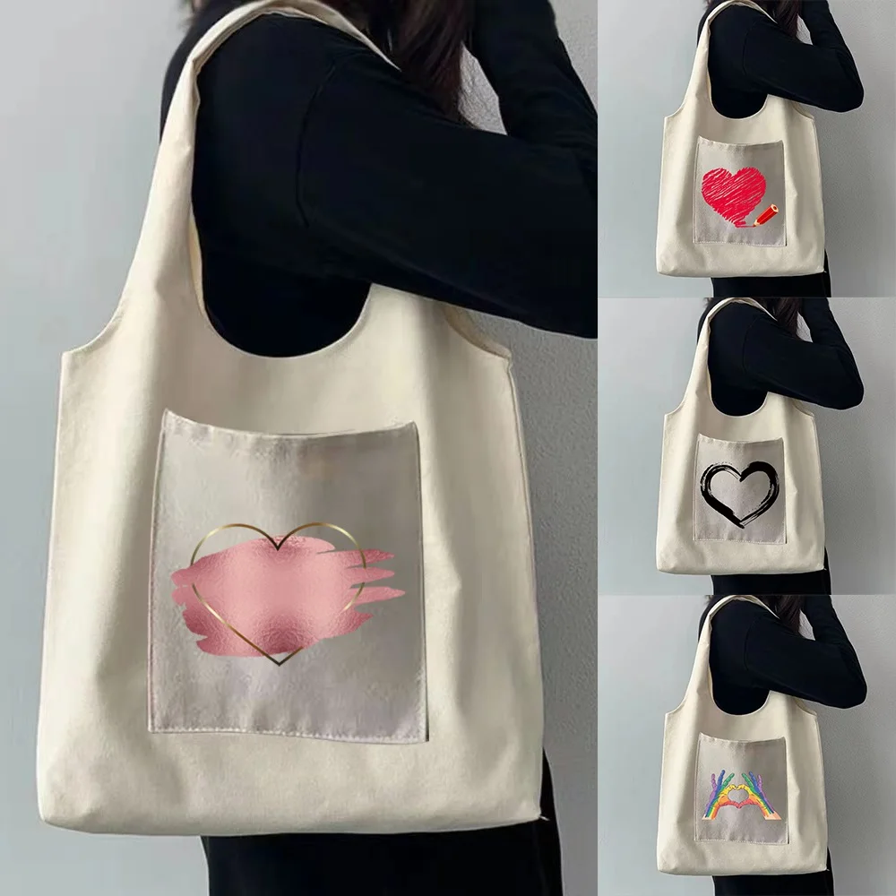 Shopping Bag Ladies Washable Love Printed Pockets To Store Sundries Travel Portable Messenger Large-capacity Storage Bags