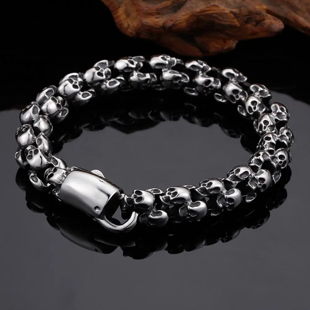 12mm Punk Skull Bracelets For Men Stainless Steel 316L Skeleton Lion Charm Link Chain Male Gothic Jewelry