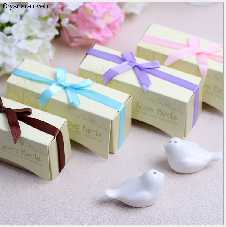 

50sets/100pcs Love bird salt and pepper Shaker wedding favors gifts 2PCS/Box 7color ribbon