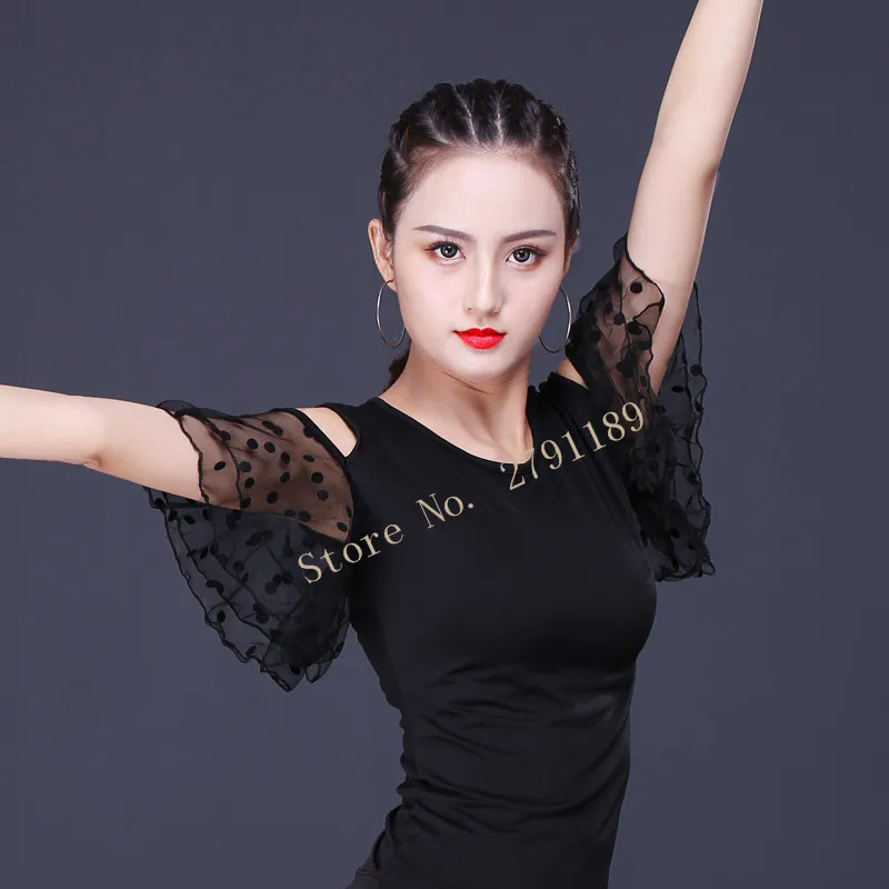 women Black V-neck short sleeve Modern latin dance clothes top for women/female dancers,vogue Ballroom Costume performance wear