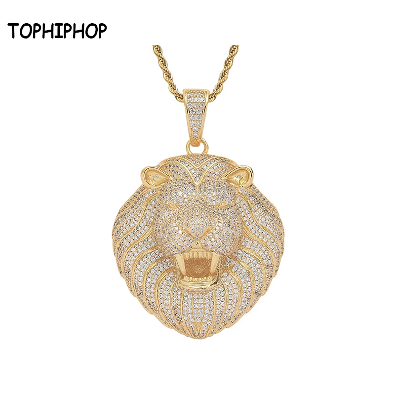 

TOPHIPHOP Ice Micro Pave Cubic Zircon Lion Head Pendant Necklace with Rope Chain Men's Hip Hop Jewelry Fashion Rock Style