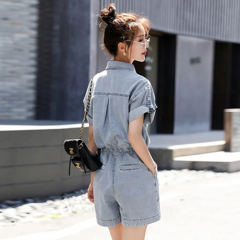 Short Fashion Jean Jumpsuit Women Rompers Summer Sweet Short Sleeve Denim Overalls Multi-Pockets Single Breasted Casual Shorts