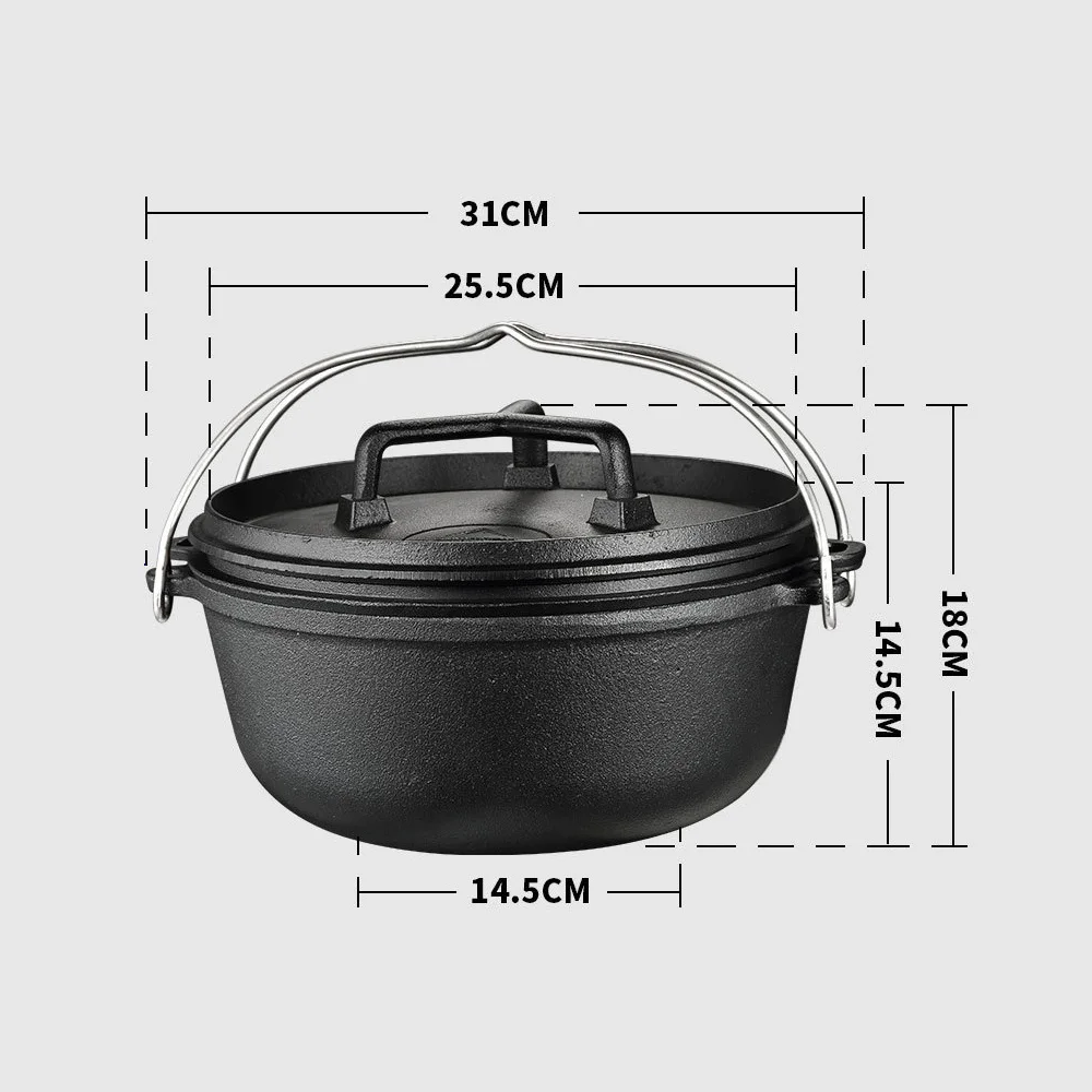 Cast Iron Dutch Pot With Lid Stew Thickened Deepening Soup Pot Surface Vegetable Oil Outdoors Accessories Field Cooker Tool