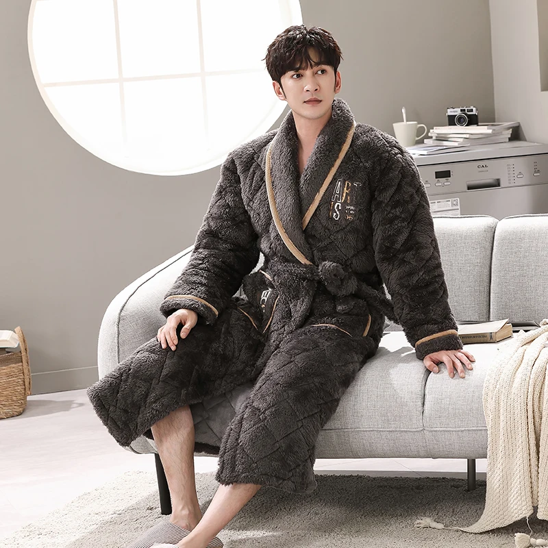 Winter Bath Robe Coral Fleece Men Bathroom Robe Men Bathrobe Men Flannel Quilted Pajama Thick Long Spa Robe Shower Homewear