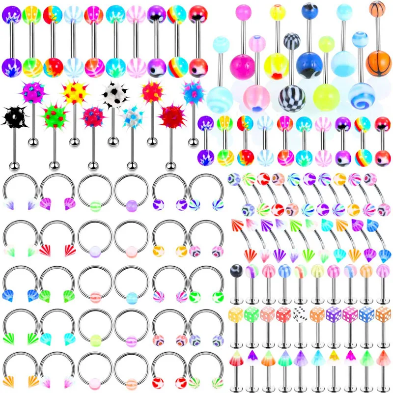 110pcs Mixed Styles Eyebrow Navel Belly Lip Tongue Nose Piercing Bar Ring Labret Barbell Studs Tunnel Piercings Body Jewelry