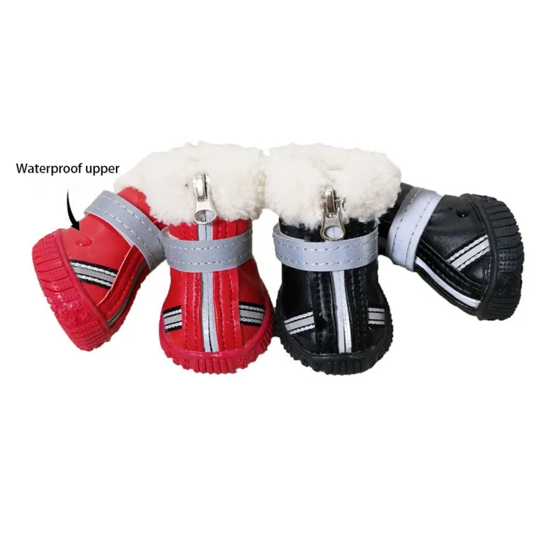 4pcs/set Pet Dog Shoes Wearable Winter Warm Pets Antiskid Shoes Waterproof Reflective Dog Boots for Small Medium Dog