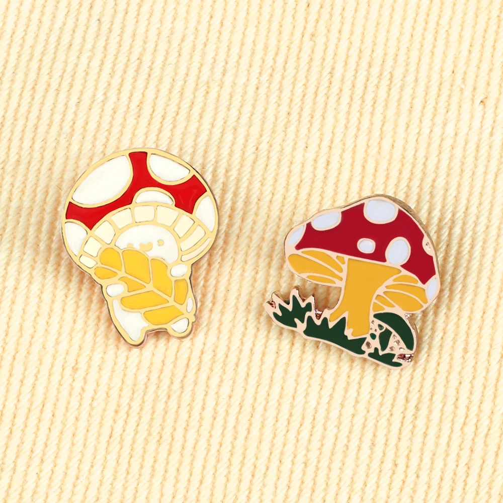 4 Style Cartoon Mushroom Enamel Pins Kids Cute Red Plant Brooches Women Coat Lapel Pin Badges Jewelry Gift for Friends Fashion