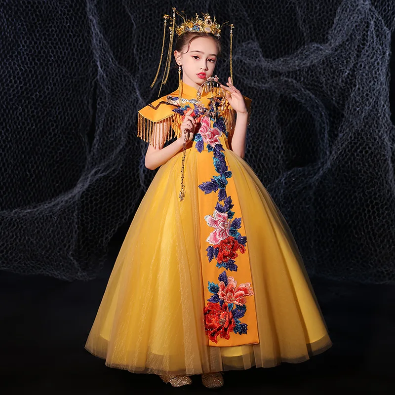 

Children New Chinese Traditional Catwalk Clothing Kids Sequined Gorgeous Embroidery Princess Dress Girls Party Pompous Skirt