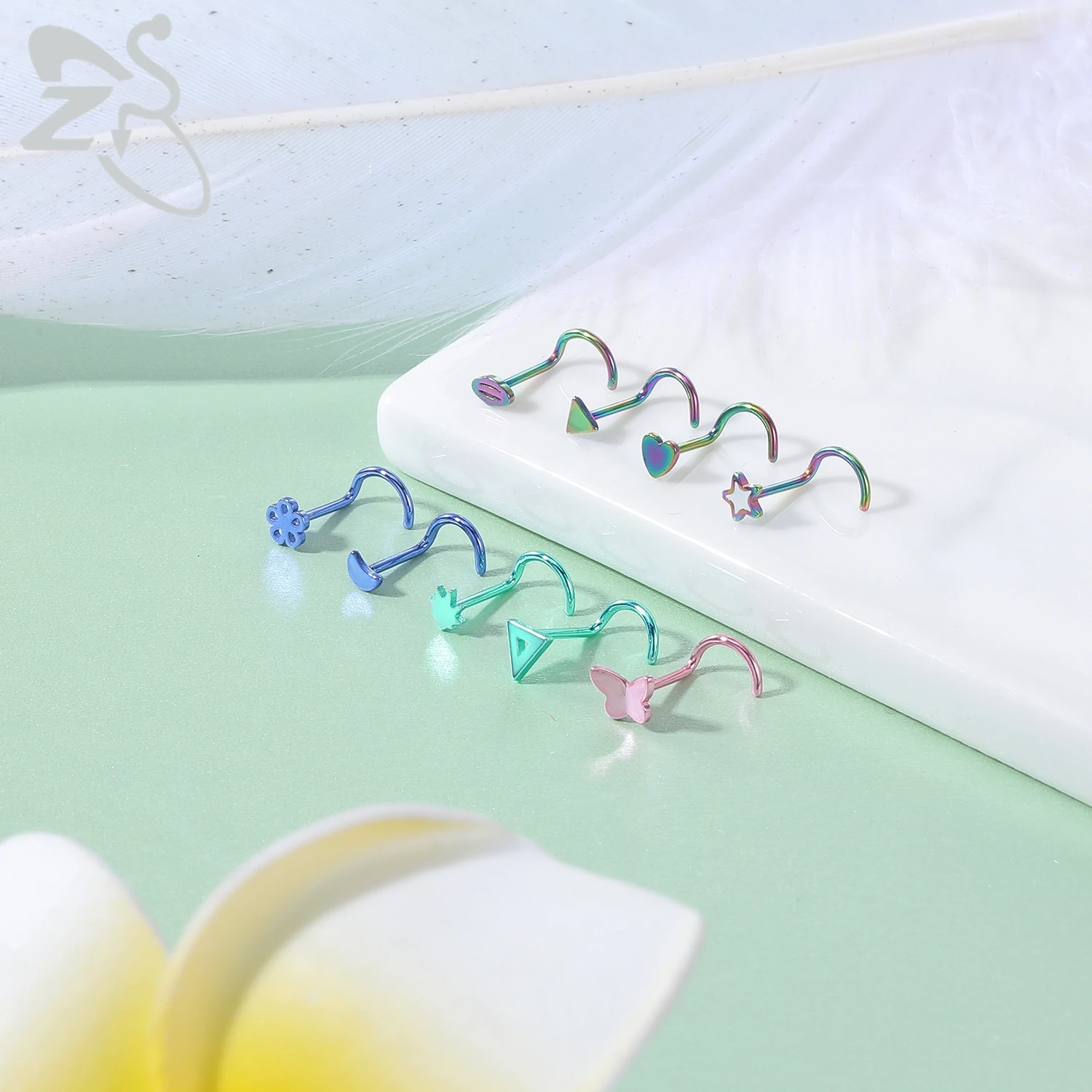 ZS 3-9pcs/lot Stainless Steel Nose Stud Set for Women Moon Heart Star Nose Piercings Black Color L Shape Nostril Piercing Jewely