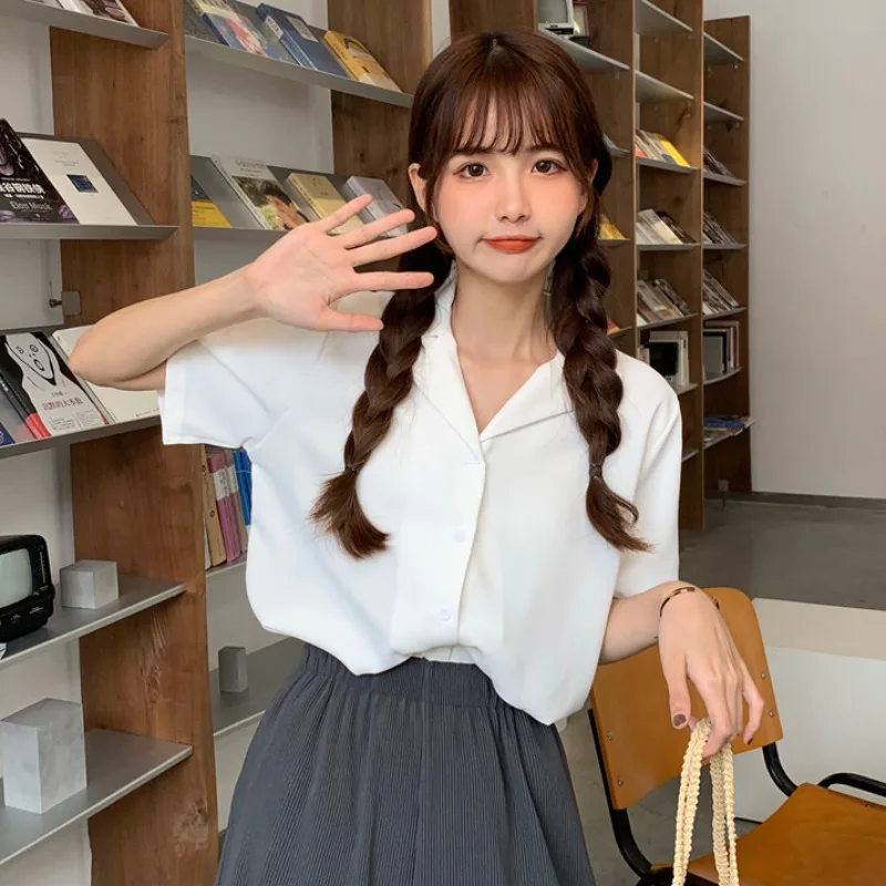 Turndown Collar Short Sleeve Chiffon Shirt Blouse Women 2020 Office Ol Overalls Shirt Casual Button Loose Summer Simple Tops