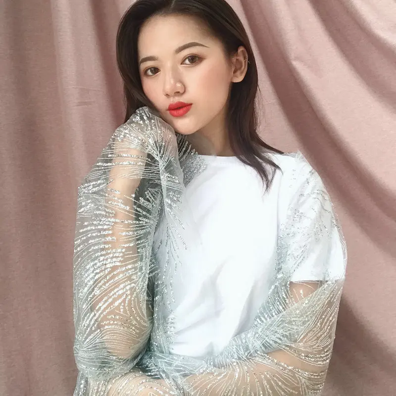 GLace 1Y/lot Champagne silver stripe encryption bronzed mesh fabric for women dress wedding decoraiton TX1445