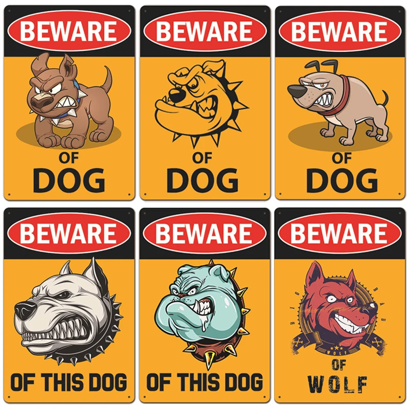 Warning Dog Metal Tin Signs Vintage Poster Beware of Dog Retro Tin Plates Wall Stickers for Garden Family House Door Decoration