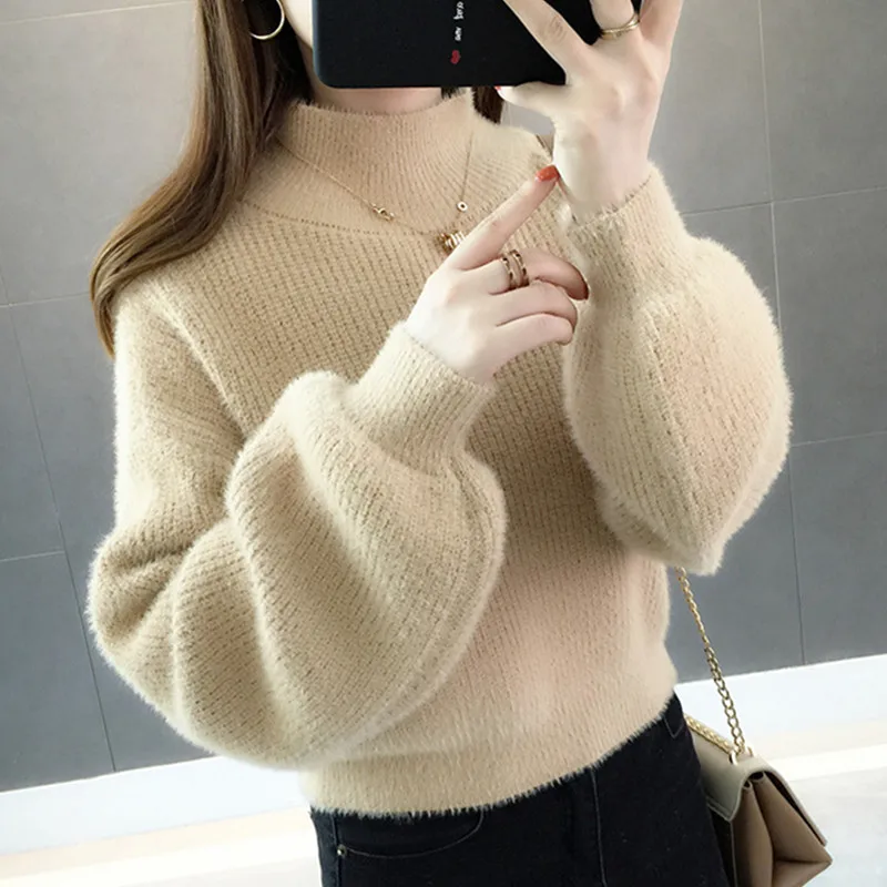 UHYTGF Women long sleeve sweaters Knit pullover turtleneck mink cashmere Winter sweater female High waist casual short tops 952