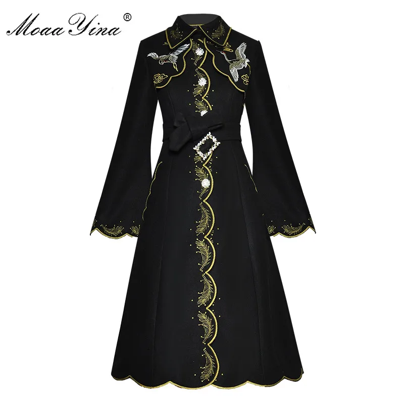 

MoaaYina Fashion Designer Woolen cloth Overcoat Spring Autumn Women lace-up Flare Sleeve Gold Line Embroidery Overcoat