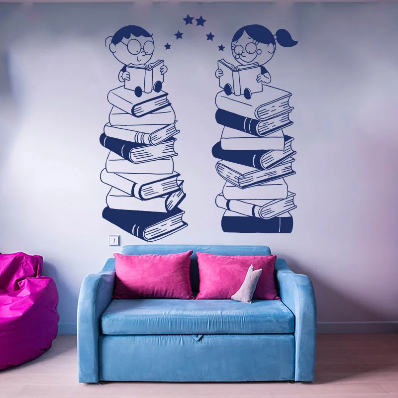 Cartoon Classroom  Child Read Book Wall Sticker Library  School Large Book Kids  Wall Decal Bedroom Vinyl Decor