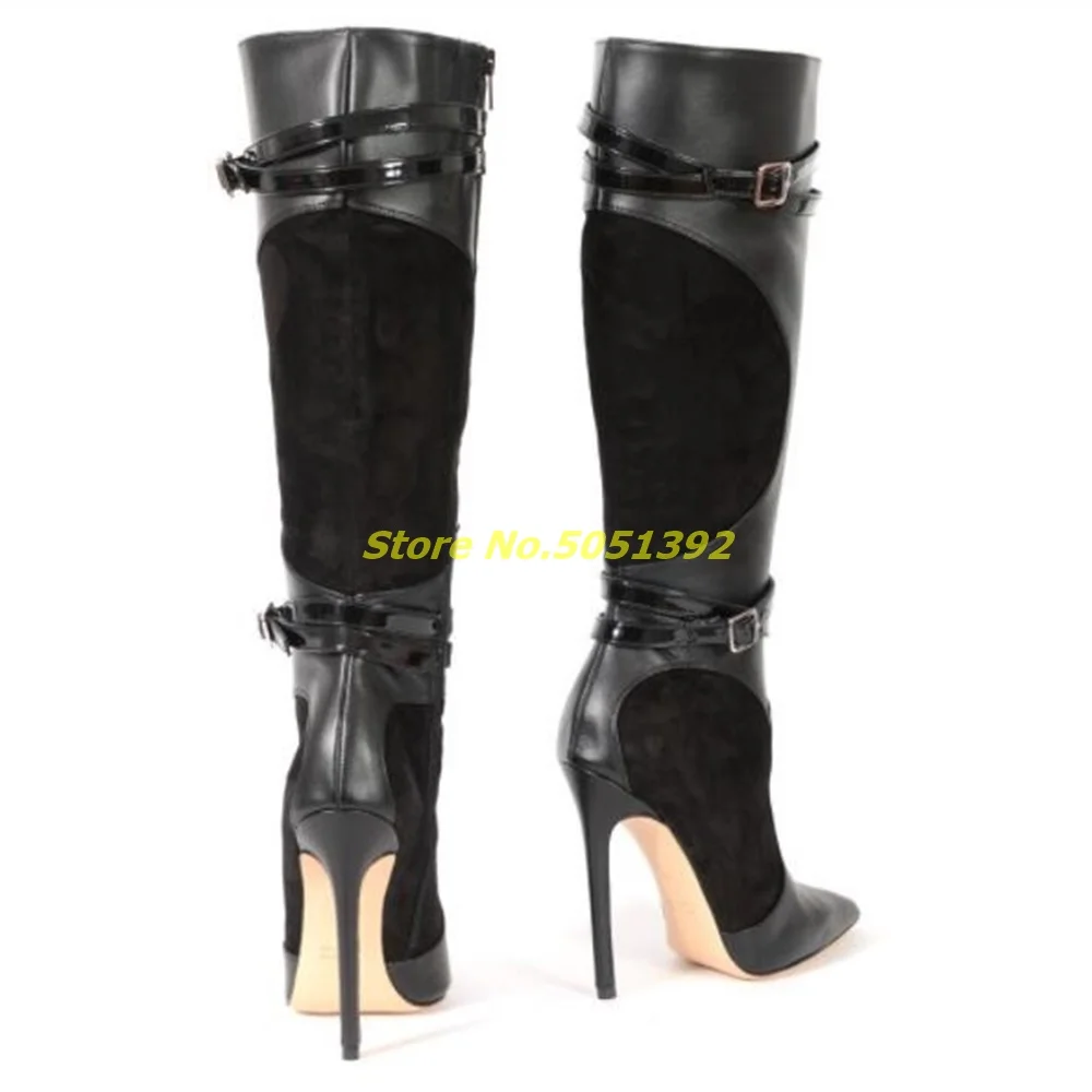 Patchwork Stiletto High Heel Boots Ankle Strap Sexy Pointed Toe Zipper Runway Dress Women Shoes Black Leather Suede New Boots