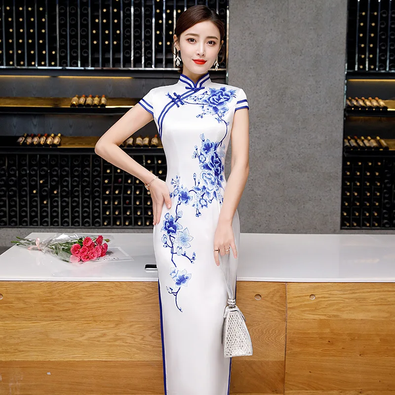 

Sheng Coco Painted Silk Dresses White Blue Long Qipao Silk Designed Cheongsam Dress Plus Size Women Clothing Fishtail Evening