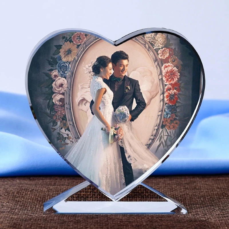 DIY Customized Heart Shaped Photo Personalized Album Glass Ornaments Crystal Photo Frame Novelty Wedding Home Decor Love Gifts