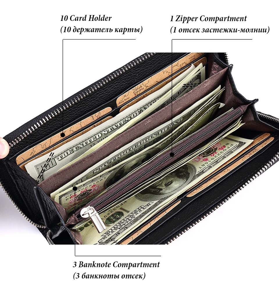 HUMERPAUL Echtes Leder Geldbörse RFID-blockierende Clutch-Tasche, Geldbörse, Kartenhalter, Münzgeldbörse, Reißverschluss, männlich, lang, Schwarz/Kaffee-Geldbörse – Detail 5
