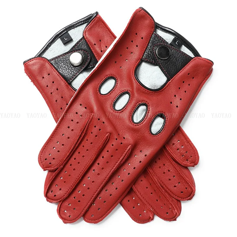 Sports Leather Gloves For Men Male Porous Breathable Pure Unlined Goatskin Mittens Red White Patchwork Hombre Guantes Moto Luva