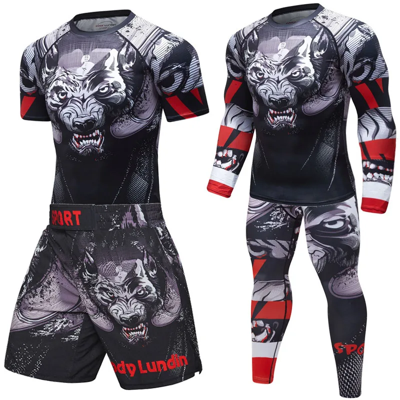 UCF BJJ Boxing Set Compression Jersey Pants 3D Wolf Print Rashguard KickBoxing Tight T-Shirts Trousers Muay Thai MMA Fightwear