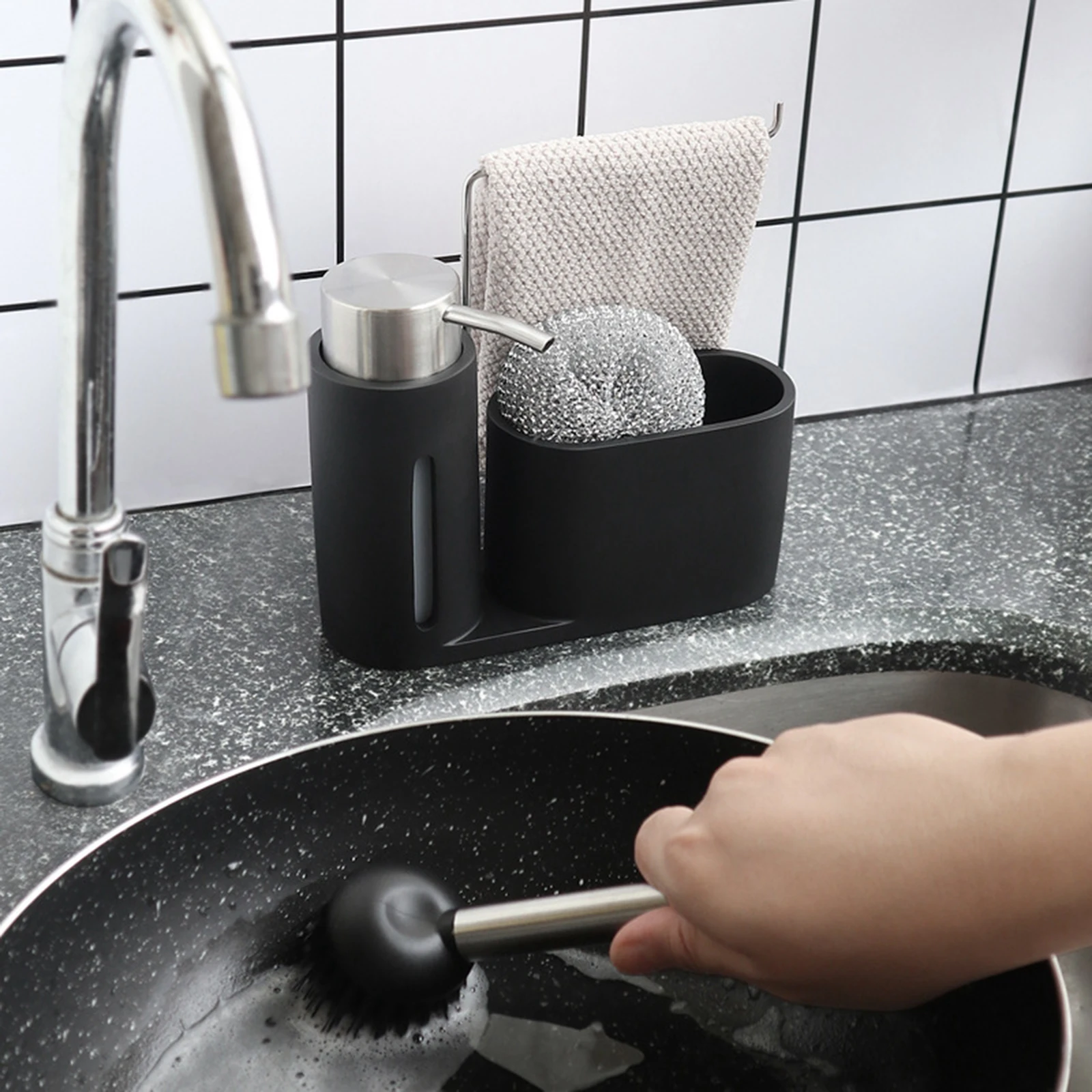 Premium Kitchen Cleaning Kit Soap Dispenser Detergent Steel Ball Brush Storage Organizer Holder Caddy Set for Sink Bathroom