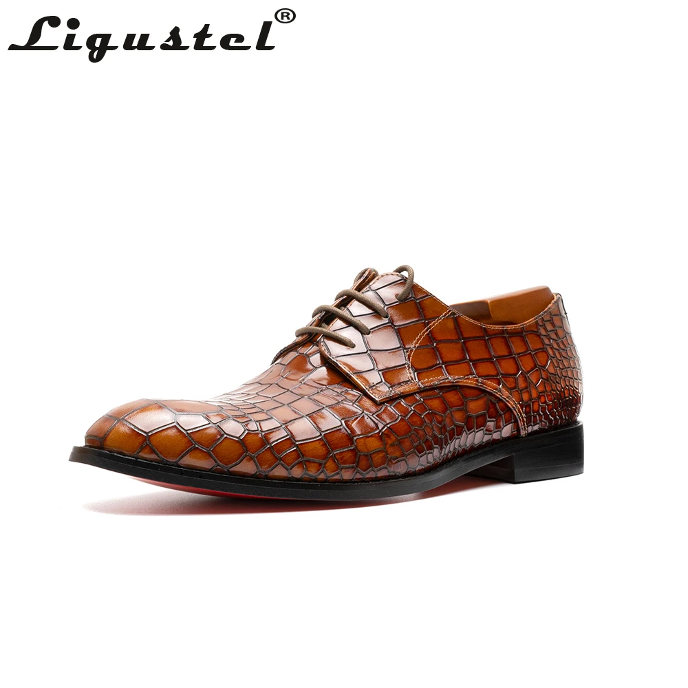 Men Dress Shoes Embossed Crocodile Design Oxfords Shoes Handmade Red Bottom Lace Up Wedding Shoes for Men Plus Size Brown