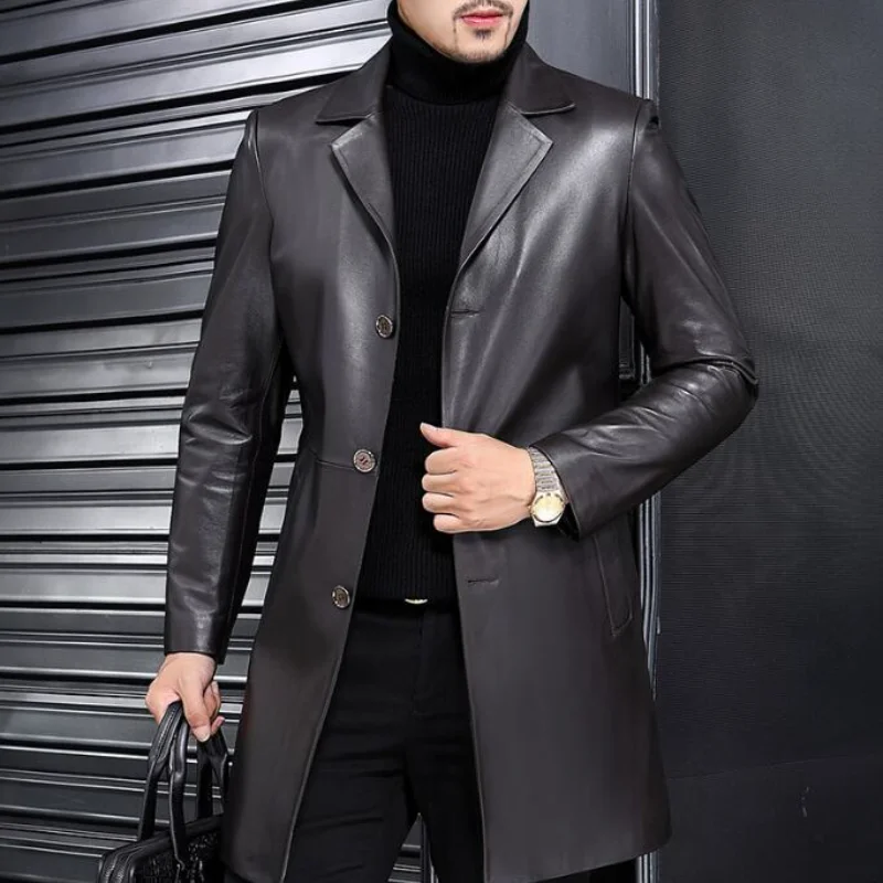 Large Size 7XL Genuine Leather Coat Men Sheepskin Coats Mens Leather jacket Long Leather Trench Coat Black Winter Leather Jacket