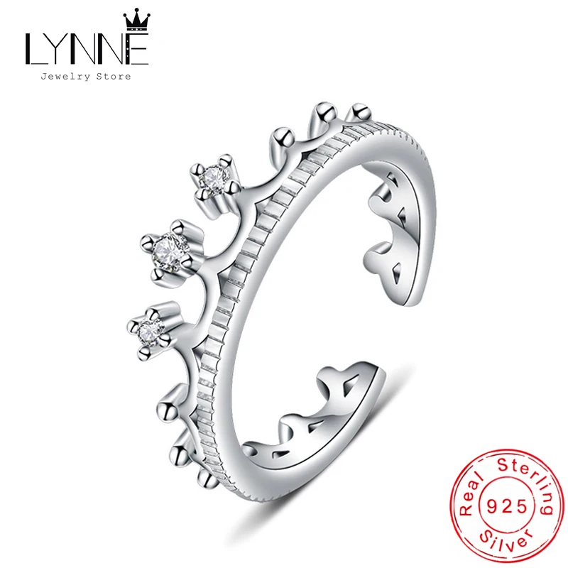 LYNNE Jewelry 925 Sterling Silver Crown Open Adjustable Rings Fashion Party Exquisite Zircon Crown Ring Women&Girl Birthday Gift