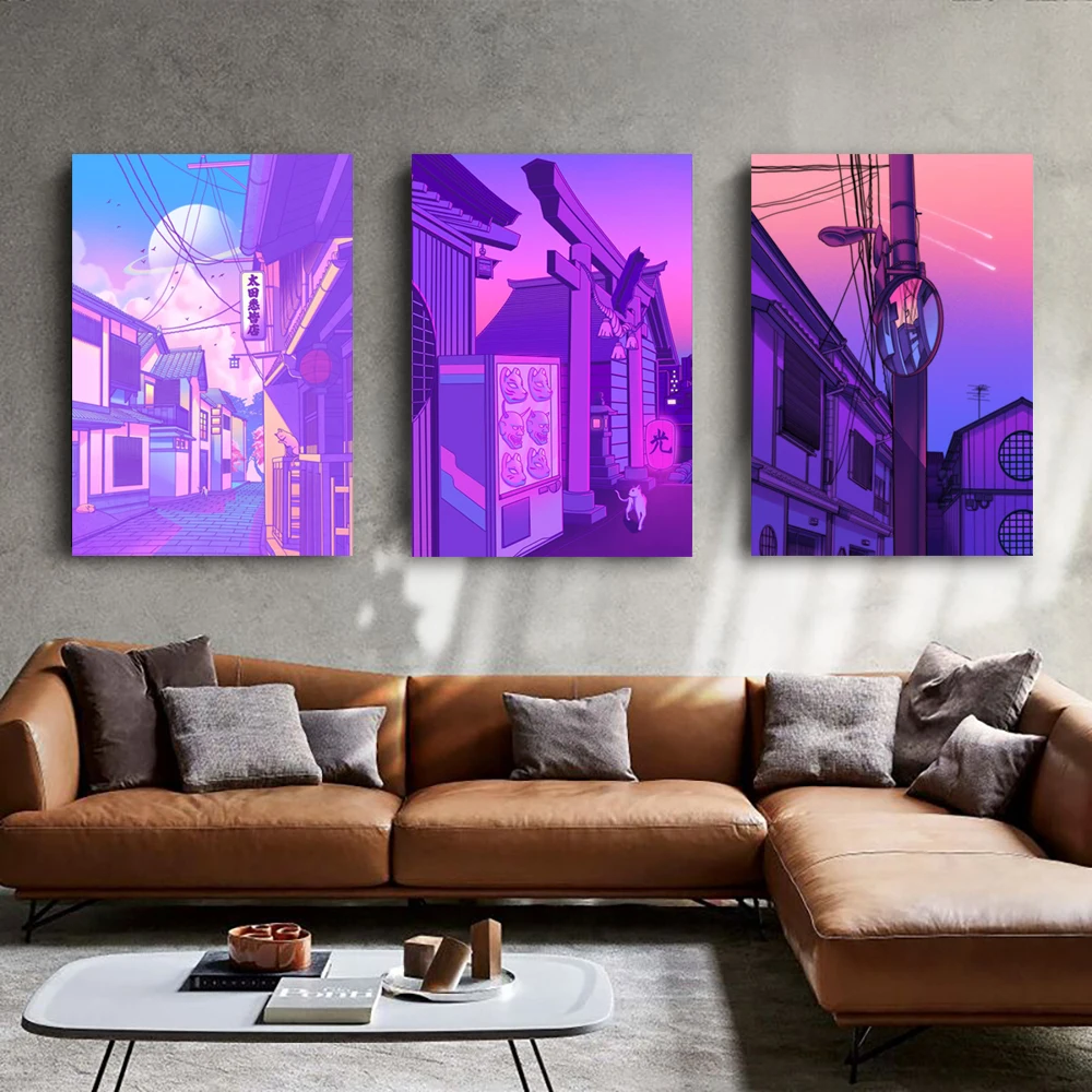 Steam Wave Style Cartoon Landscape Poster Cartoon Purple Building Wall Art Canvas Painting Modern Home Decoration Living Room