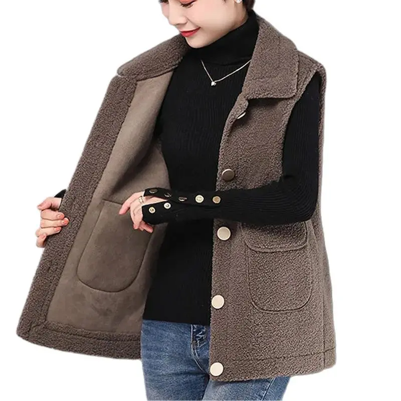 Imitated Lambwool Grain Cashmere Vest 2021 Autumn Sleeveless Waistcoat Female Loose Short Coat Fleece Thick Warm Vest Jacket