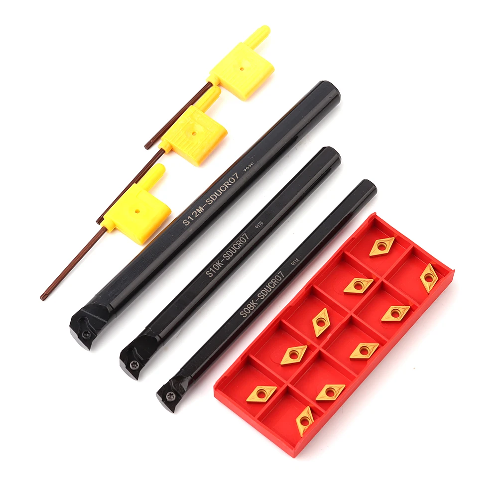 1pcs S08K-SDUCR07+1pcs S10K-SDUCR07+1pcs S12M-SDUCR07 Lathe Holder Turning Tool Boring Bar 8/10/12mm + 10pcs CCMT0702 Inserts