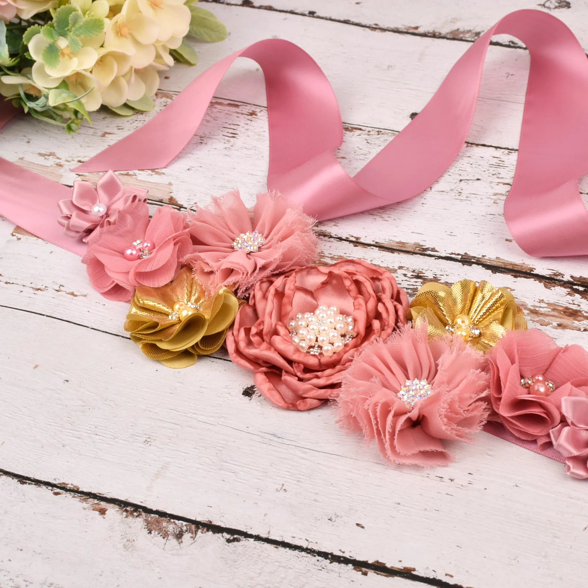 Maternity Sash Dusty Rose/Gold Flower Sash Pregnancy Belly Belt Photo Props Gift Baby Shower Party Wedding Sash Flower Girl Belt