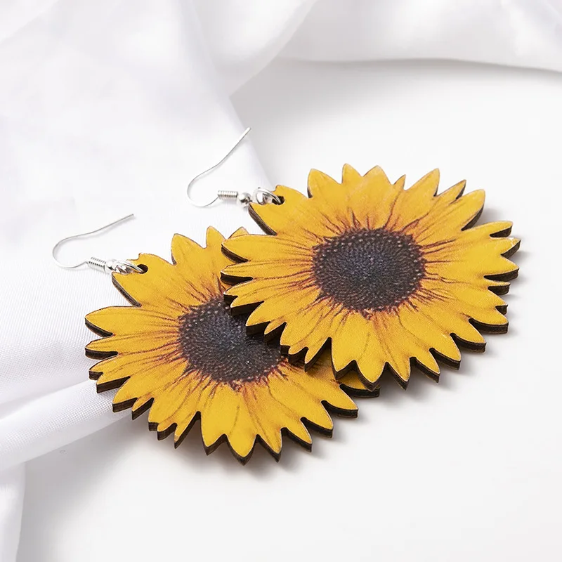 Wholesale Wood Sunflower Earrings for Women Yellow Big Daisy Sunflower Statement Earring Fashion Jewelry Best Friend Gifts