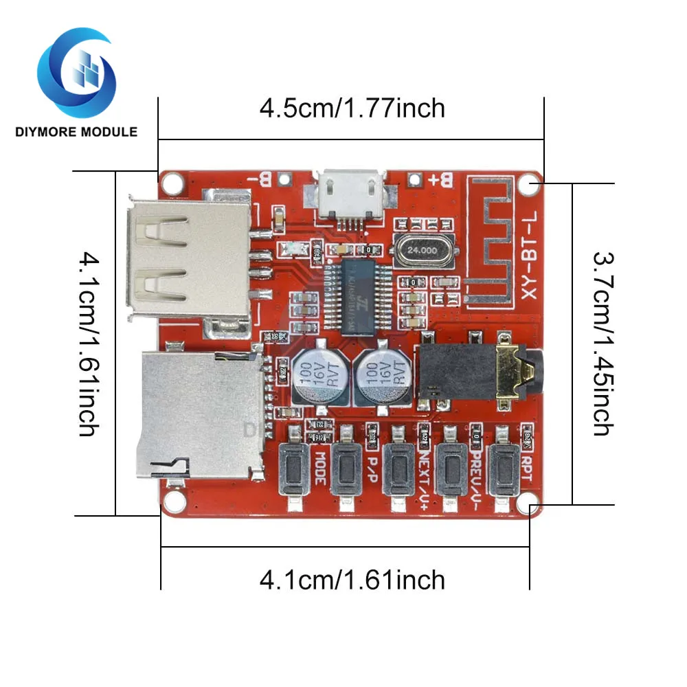 Bluetooth 4.1 MP3 Audio Receiver Decoder Board 3.7-5V Music Player Module with 3.5mm AUX Jack Micro USB TF Card Key Button