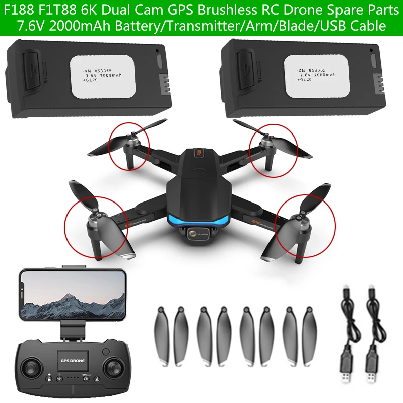 F188 F1T88 6K Dual Camera GPS Borstelloze RC Drone Onderdeel 7.6V 2000mAh Batterij/Afstandsbediening/Propeller/Arm/USB-oplaadkabel