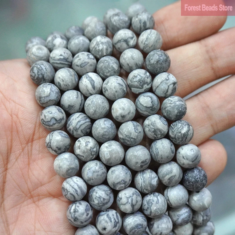 4 6 8 10 12MM Natural Stone Matte Map Jaspers Loose Round Beads Diy Charms Bracelet Accessories For Jewelry Making 15