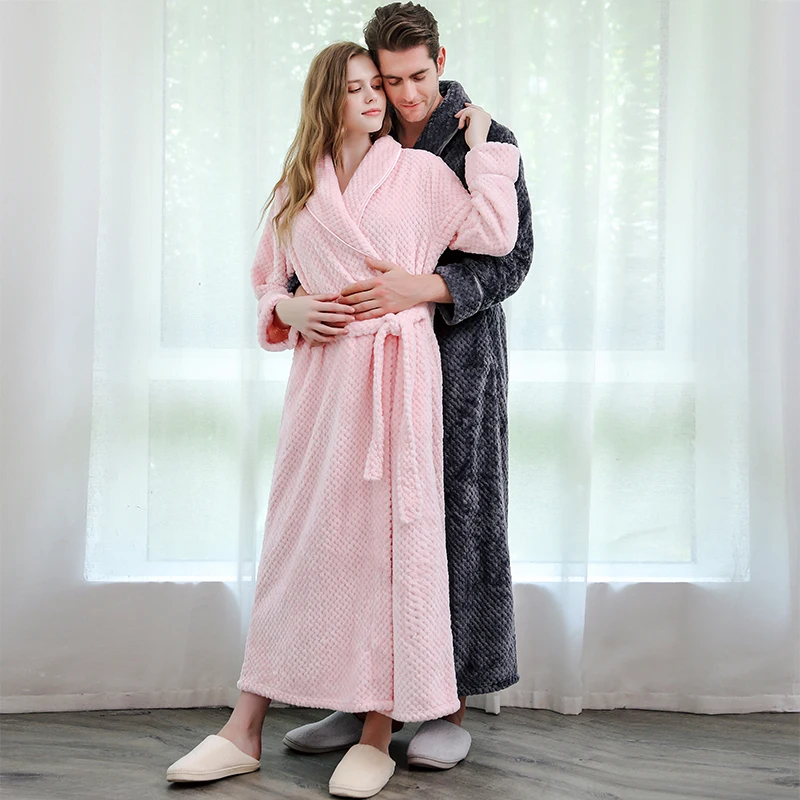 Men Winter Plus Size Long Flannel Bathrobe Warm Coral Fleece Kimono Bath Robe Night Cozy Sleepwear Women Jacquard Dressing Gown