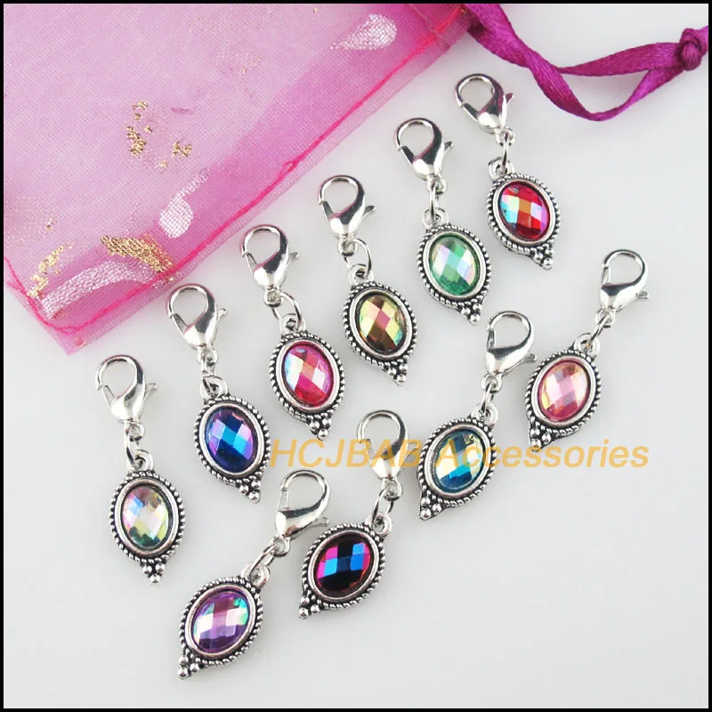 20Pcs Tibetan Silver Plated Flower Oval Frame Mixed Acrylic Charms Pendants With Lobster Claw Clasps 9x17mm