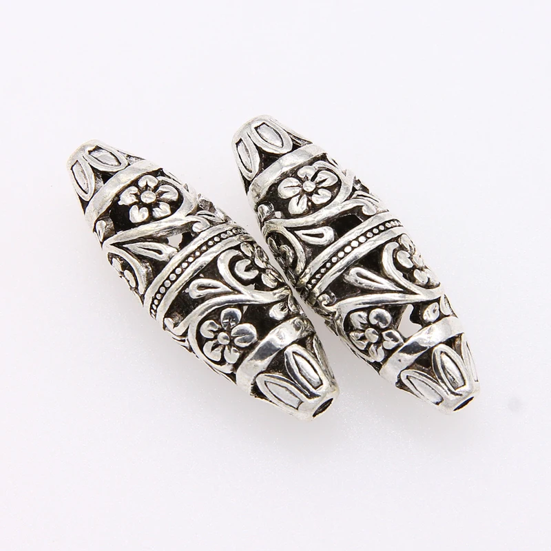 2pcs  Beads Zinc metal alloy Spacer Beads Oval silver color Flower Hollow Pattern About 37*13mm,Hole:Approx 1.9mm,