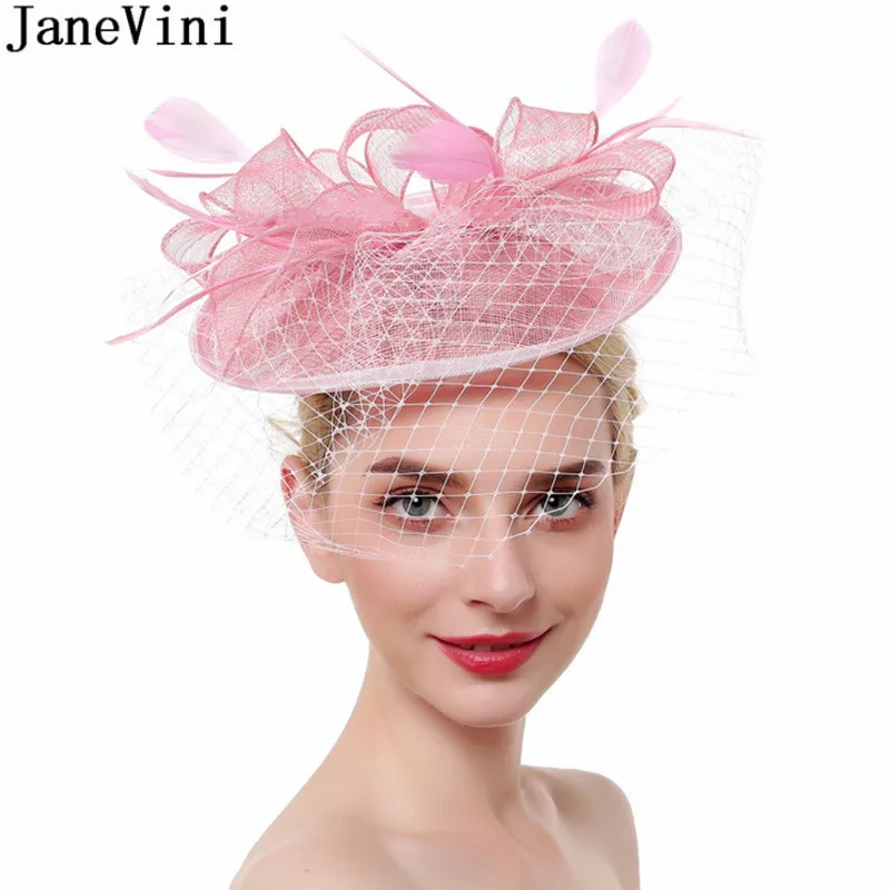 JaneVini Fascinator Wedding Hats for Women Elegant Feather Mesh Bridal Party Headdress Woman Ivory Blue Wedding Hats Haarschmuck