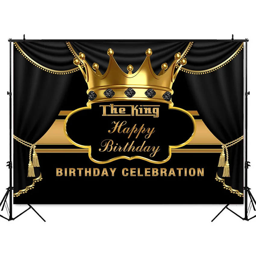 Prince happy birthday Backdrop Gold Crown Black curtrain background for photo studio boy birthday party decoration supplies