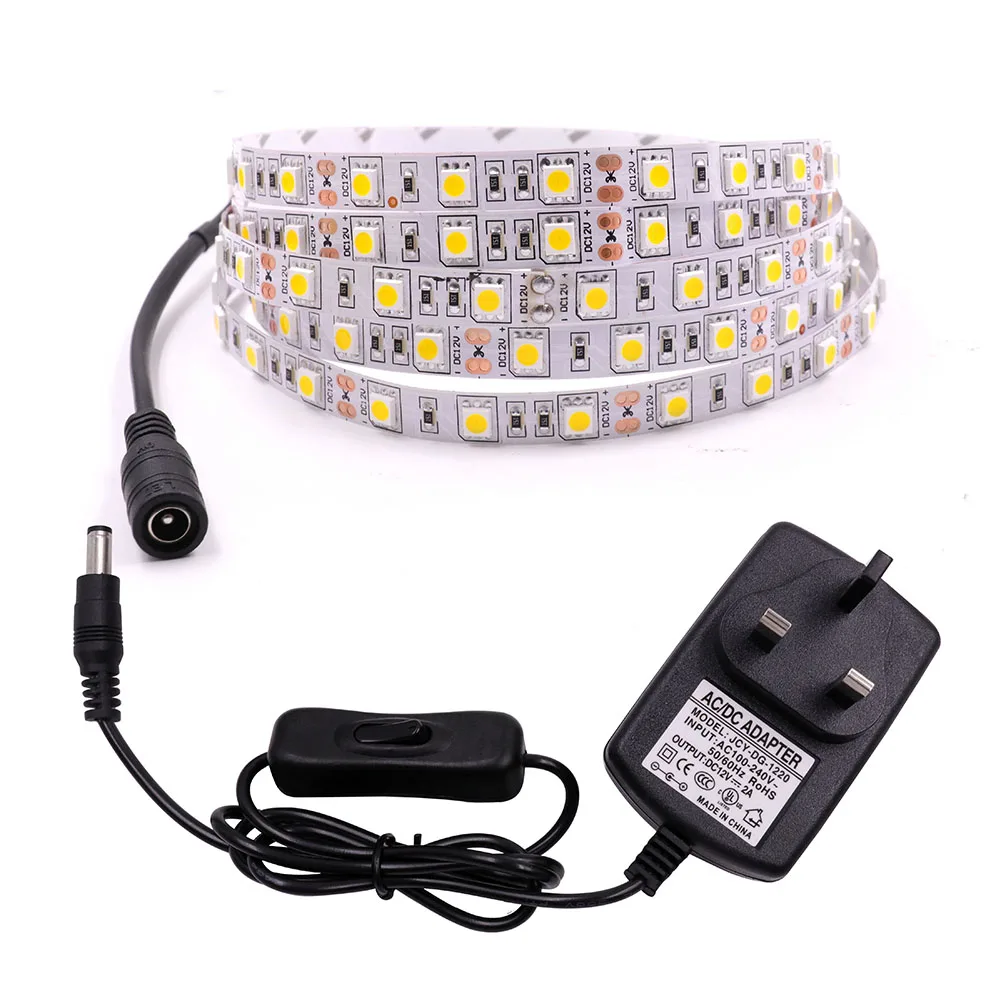 1m 5m Led Strip Light 12V 5050 SMD 60LED/M LED Tape Ribbon with DC Connector EU/US/AU/UK Switch Plug Waterproof Home Decoration