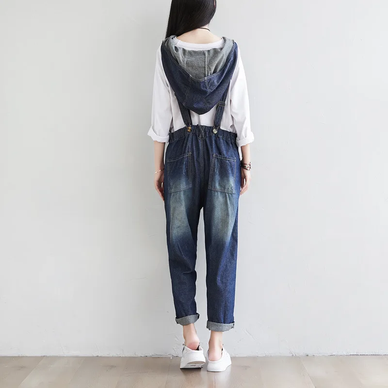 Female new autumn korean style retro washed with hooded one-piece waist adjustable loose denim overalls