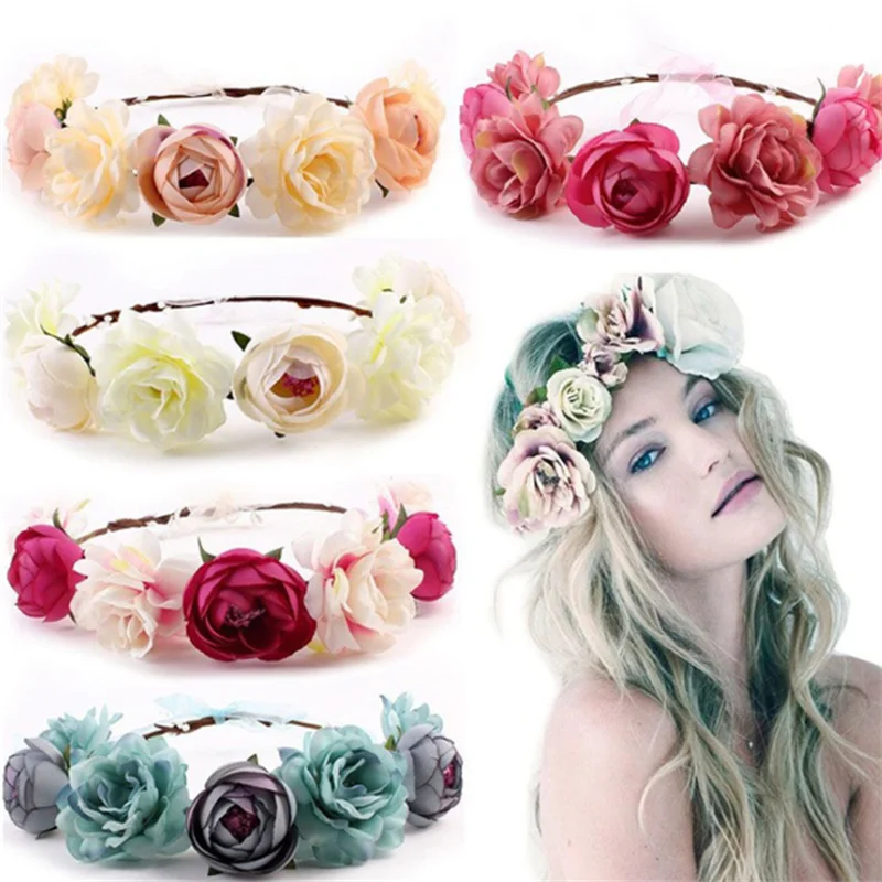 Bride Flower Crown Hair Band Wedding Floral Headband Garland Girl Flower Wreath Elastic Hair Accessories Party Wedding Headpiece