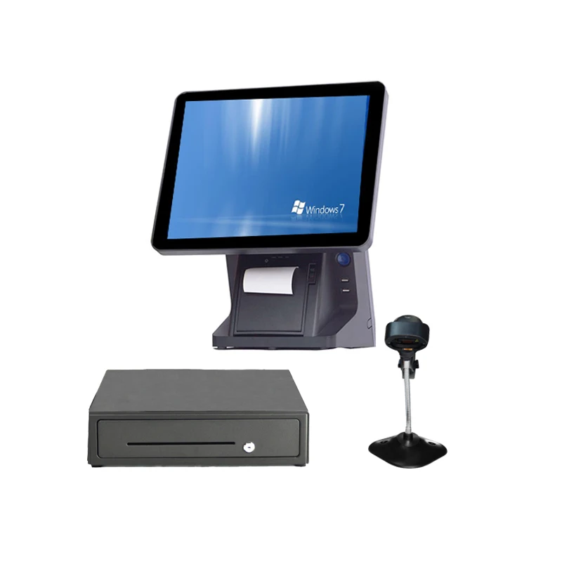 wholeset Pos all in one 15 inch pure screen pos system with 80mm printer /barcode scanner/cash drawer